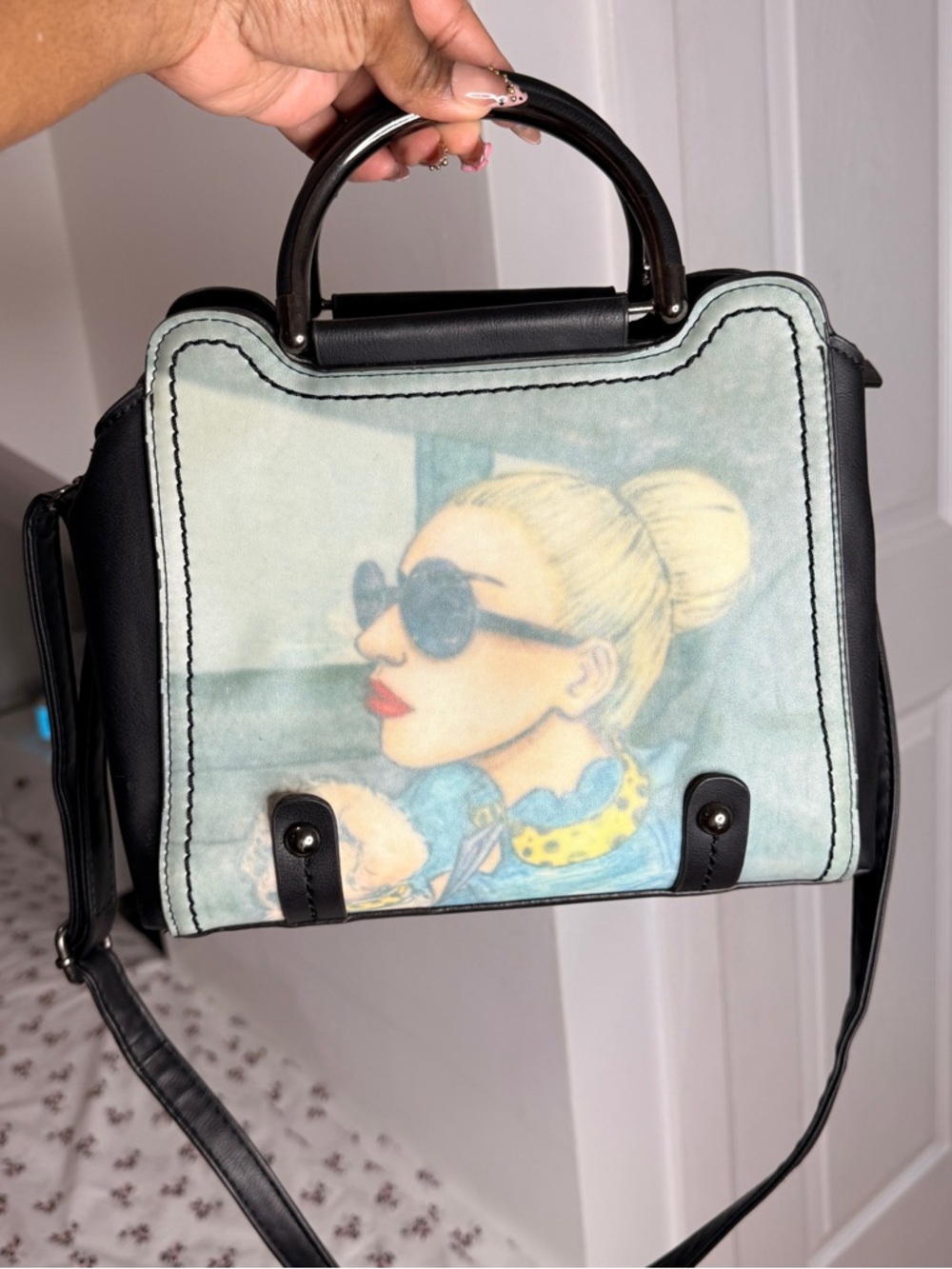Stylish Black Tote Bag with Illustrated Front Panel